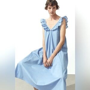 H&M Ruffle Trim Light Blue Lyocell Airy Midi Dress